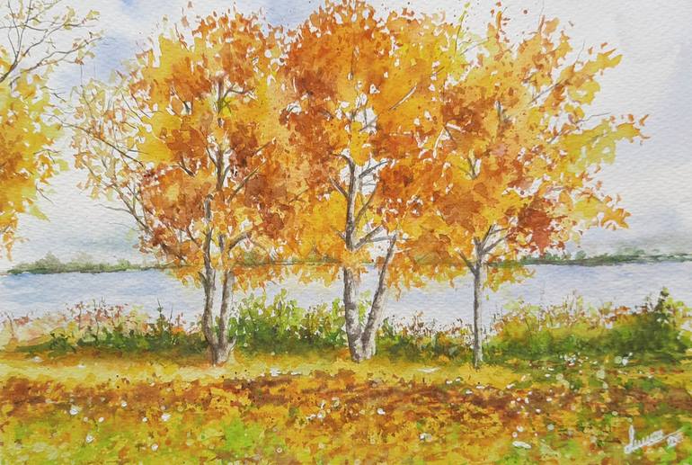 Original Nature Painting by Derya Dere | Impressionism Art on Paper | Golden Echoes of Autumn by the Lake
