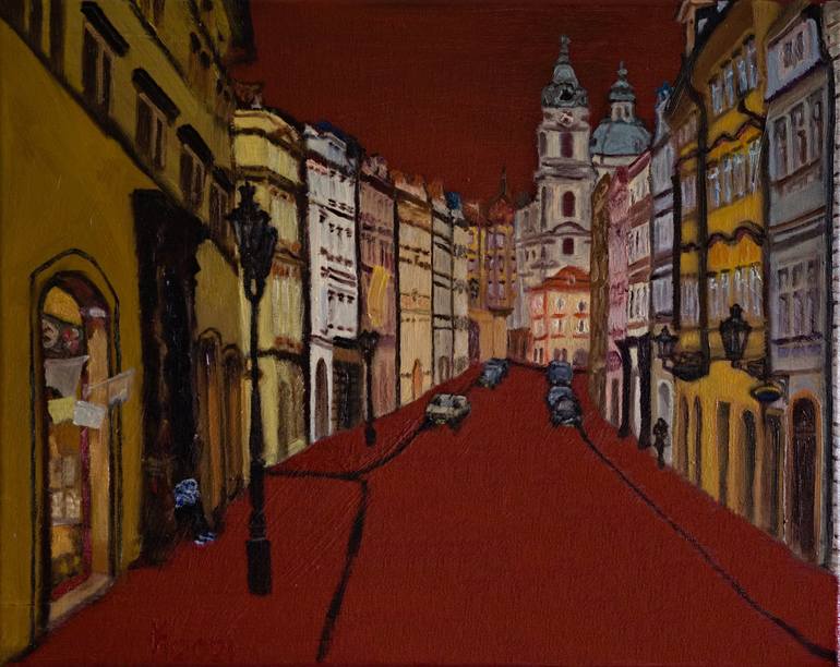 Original Abstract Painting by The Hammer | Abstract Art on Canvas | Street View Of Prague In Red