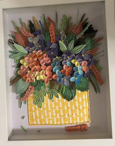 Yellow basket with quilling flowers and leaves thumb