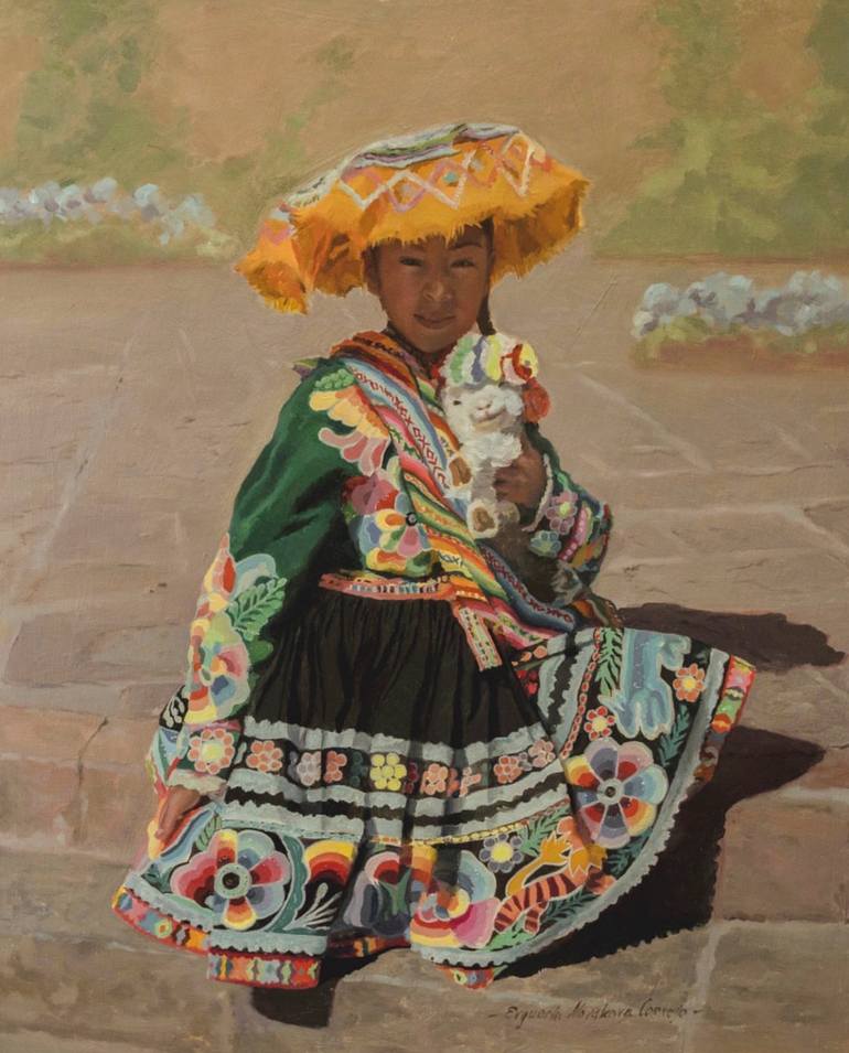 Original People Painting by Eve Cornejo | Realism Art on Metal | The Little Lamb Keeper