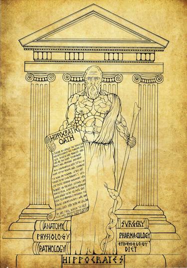 Hippocrates with Hippocratic oath and medical books thumb