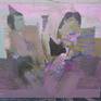 flirt, figurative, woman, men, paty, violet, oil on canvas.