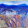 blue, wildflowers, landscape, mountains, cold, oil on canvas.
