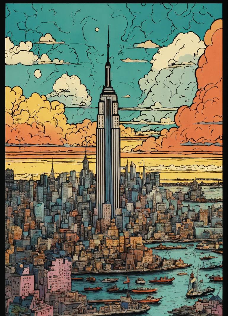 Chaotic stunning New York City, skyline, illustrated by hergé - Print