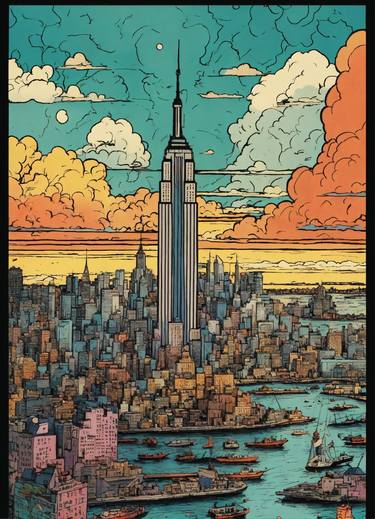 Chaotic stunning New York City, skyline, illustrated by hergé thumb