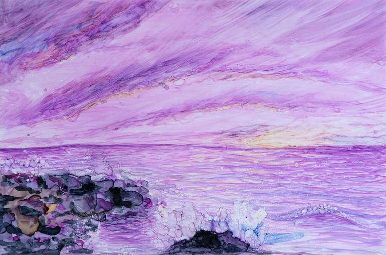 Original Seascape Painting by Halyna Rabchevska | Art Deco Art on Other | Sunset at the sea