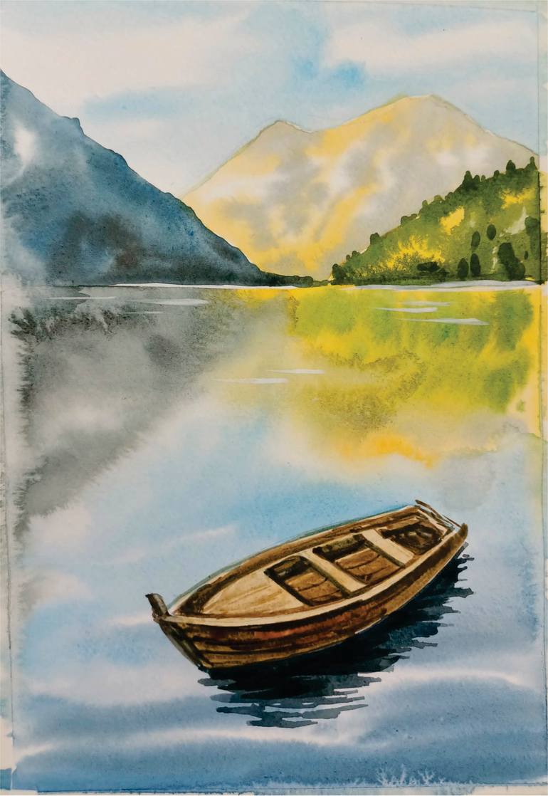 Original Boat Painting by Anna Maria Pastinaru | Expressionism Art on Paper | THE BOAT ON A MOUNTAIN LAKE