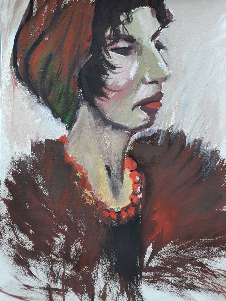 Original People Painting by Vera Stein | Expressionism Art on Paper | Portrait of a woman in a Boa