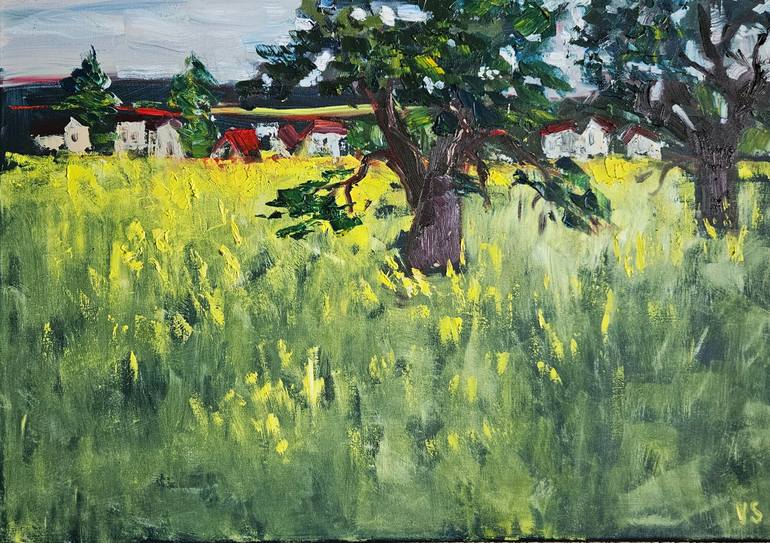 Original Botanic Painting by Vera Stein | Impressionism Art on Canvas | The last blossoms of the rapeseed field at sunset