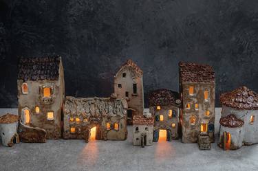 Ceramic Rustic Cottages houses village candle holder (set) thumb