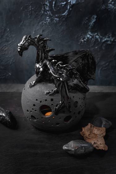 Handmade Black Dragon Ceramic candle holder thumb