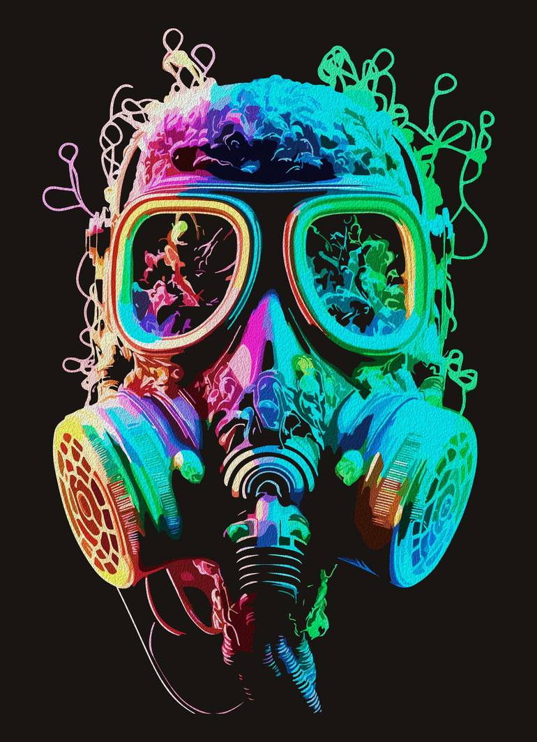 Neon Gas Mask: Vibrant Chaos Art Mixed Media by Ramy Salah Hefny