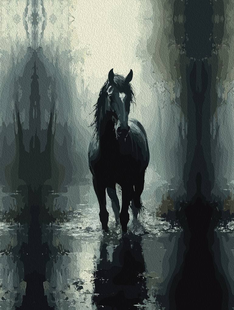 アート・デザイン・音楽 From Matt Black to Memphis Mystical Black Horse – Dark Fantasy Equestrian Wall Art Mixed