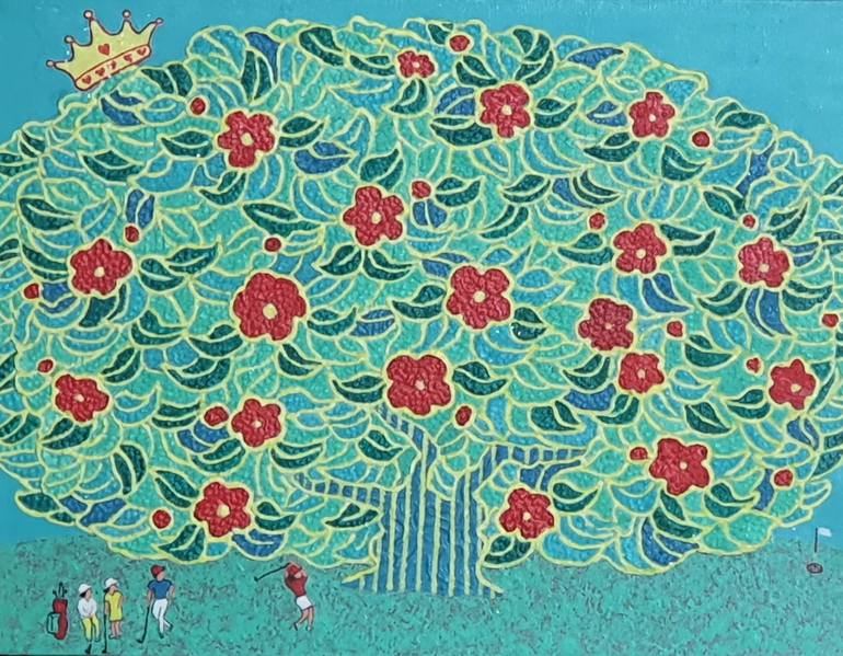 Original Family Drawing by Eunja Cho | Abstract Expressionism Art on Canvas | The Crowned Tree of Happiness