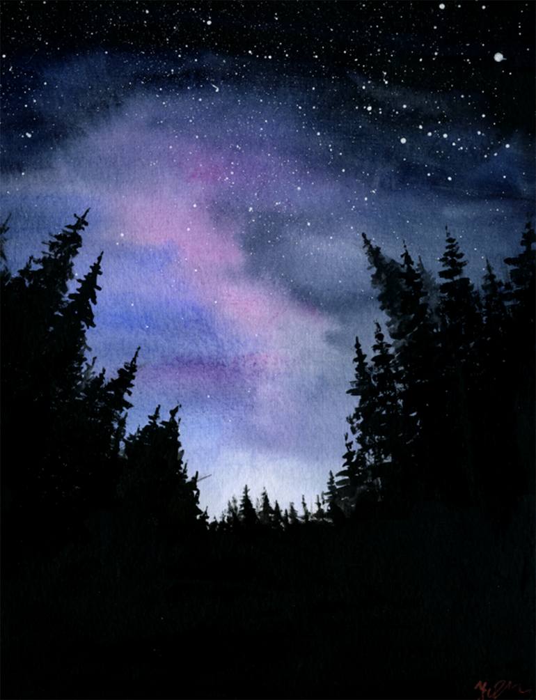 Original Fantasy Painting by Iryna Kozhyna | Romanticism Art on Paper | Ethereal Night Over the Silent Woods