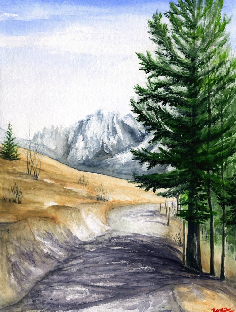 Original Landscape Painting by Iryna Kozhyna | Contemporary Art on Paper | The Long Way Home, Alpine scene