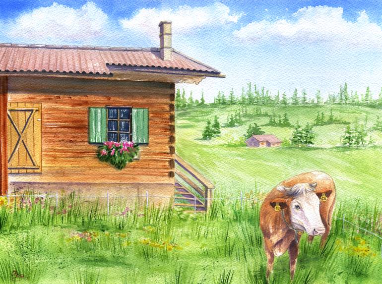 Original Animal Painting by Iryna Kozhyna | Contemporary Art on Paper | Tyrolean Alpine Harmony, A cow at the farm (alm)