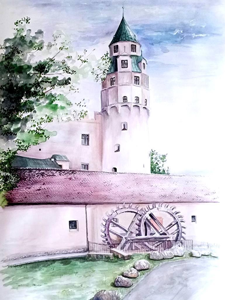 Original Architecture Painting by Iryna Kozhyna | Contemporary Art on Paper | Hasegg Castle and the Old Mill