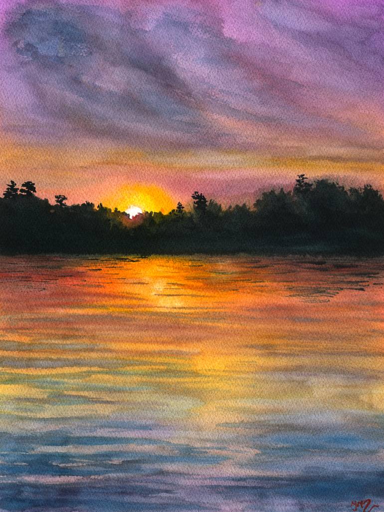 Original Landscape Painting by Iryna Kozhyna | Impressionism Art on Paper | Serenade of the Danube Sunset