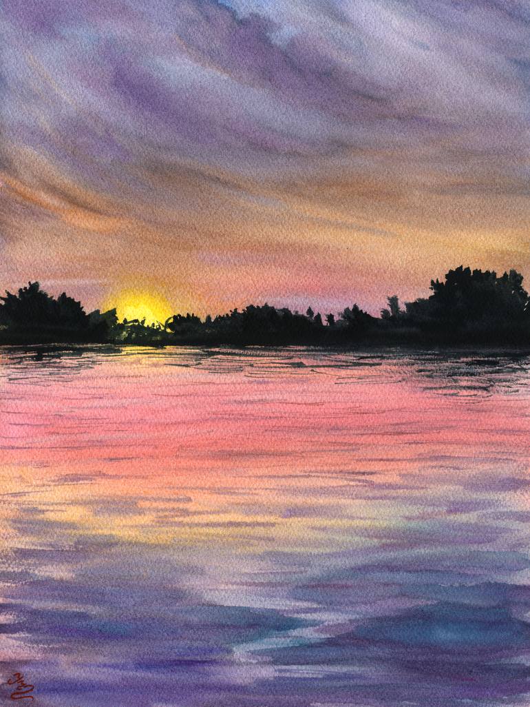 Original Landscape Painting by Iryna Kozhyna | Contemporary Art on Paper | Whispers of the Danube Sunset