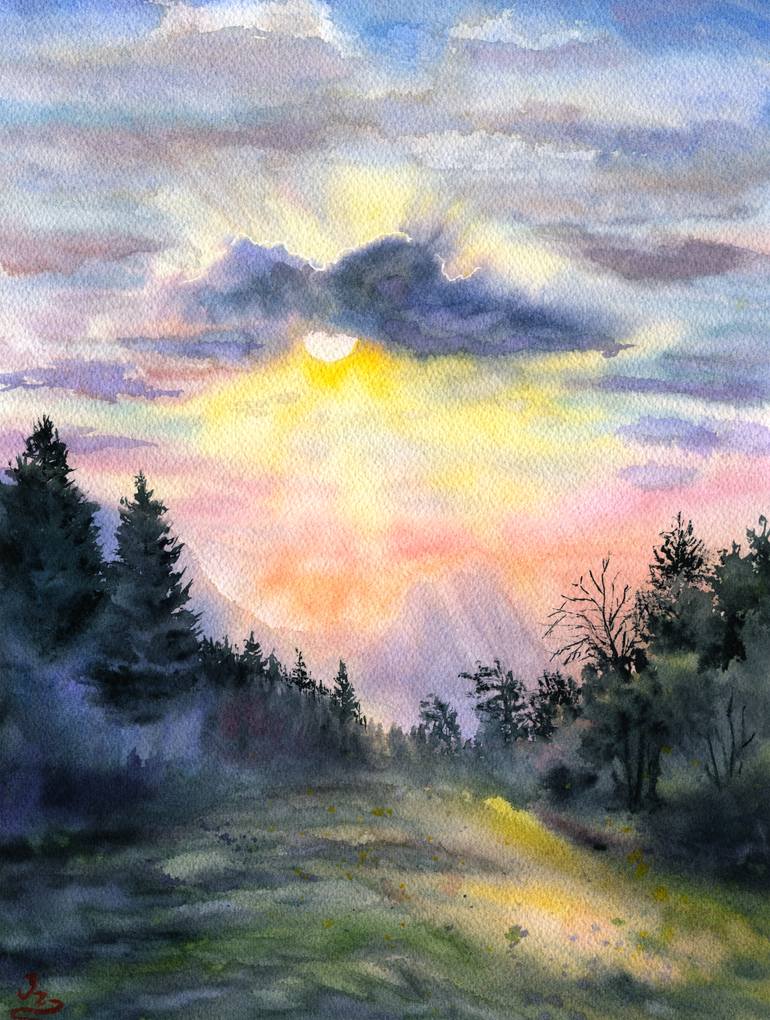 Original Landscape Painting by Iryna Kozhyna | Contemporary Art on Paper | Golden Light: A Story of Hope and Transition