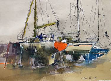 Yachts in the Ramsgate port. Watercolor sketch. thumb