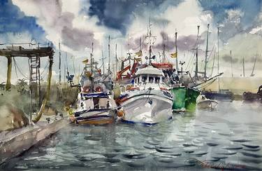 Boats in the Port. Watercolor. thumb