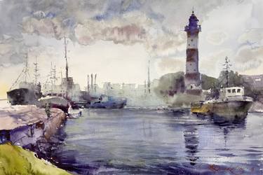 Boats at the Lighthouse. Watercolor. thumb