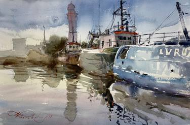 Boats in the Port. Watercolor. thumb