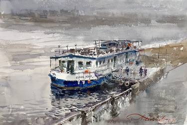 Recreational boat docked at a pier. Watercolor. thumb