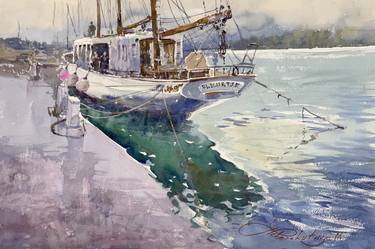 Yacht at the pier. Watercolor. thumb