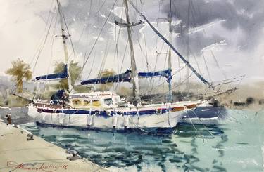 Copy of Yachts at the pier. Watercolor. thumb
