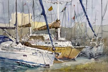 Yachts at the pier. Watercolor. thumb