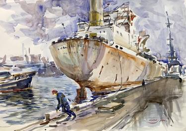 Boats in the Port. Watercolor. thumb
