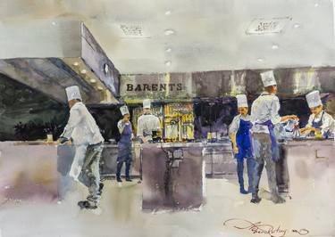 Restaurant Kitchen in Action. Watercolor on paper. thumb