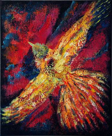 Flying Phoenix - acrylic painting on canvas, abstract bird thumb