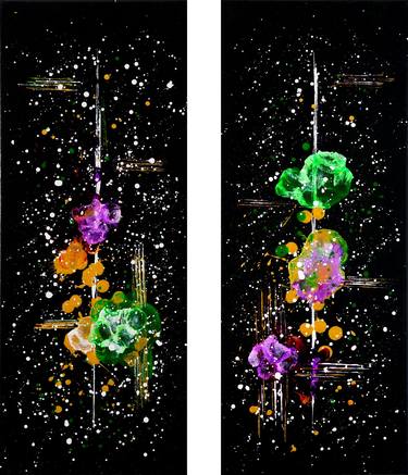 Japanese Symphony, diptych painting, abstract flowers on black thumb