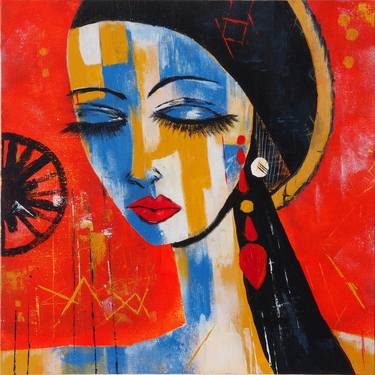 Abstract female portrait in red, blue and ocher, Pensive Carmen thumb