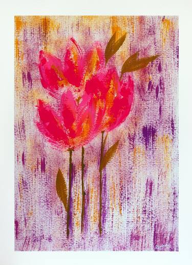 Pink tulips on a yellow-violet background, acrylic abstraction thumb