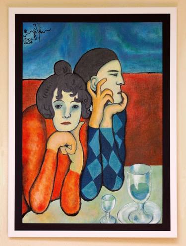 Replica of Picasso's "Harlequin and His Companion" Oil Painting thumb