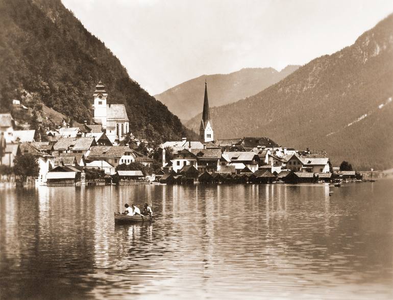 Original Boat Photography by Paul Kadlcak | Contemporary Art on Paper | Boat on the Lake, Hallstatt, Austria, 1933, Sepia Tone