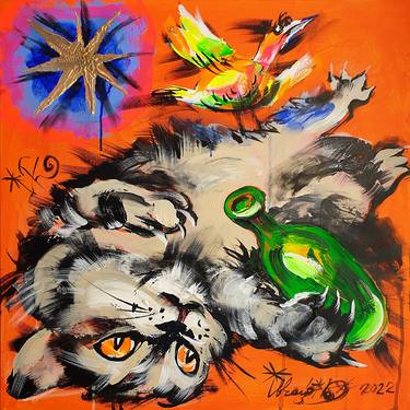 Original Expressionism Cats Paintings by Kenneth Abraham