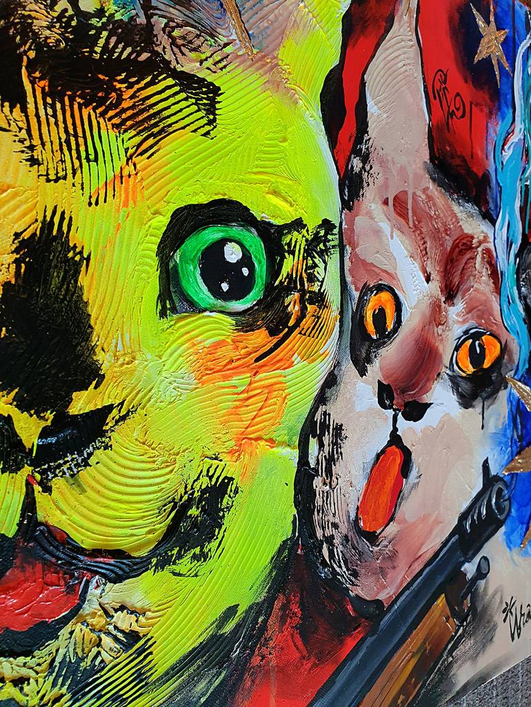 Original Expressionism Cats Painting by Kenneth Abraham