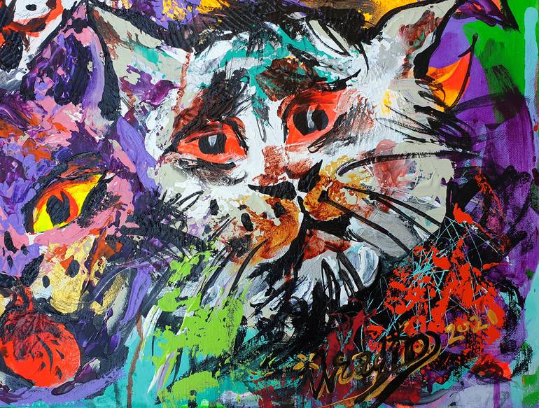 Original Expressionism, Contemporary, Figurative, Fine Art, Modern Cats Painting by Kenneth Abraham