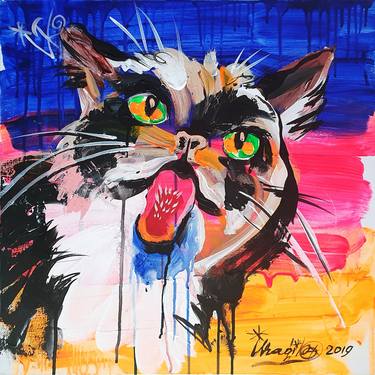 Original Expressionism Cats Paintings by Kenneth Abraham