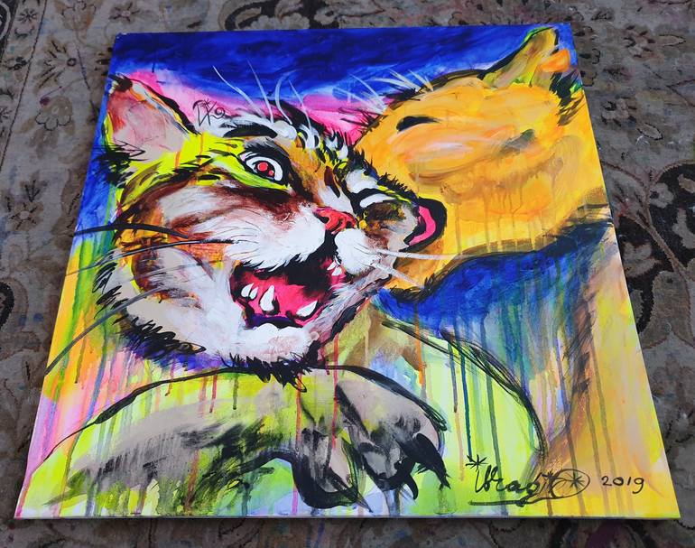 Original Expressionism Cats Painting by Kenneth Abraham