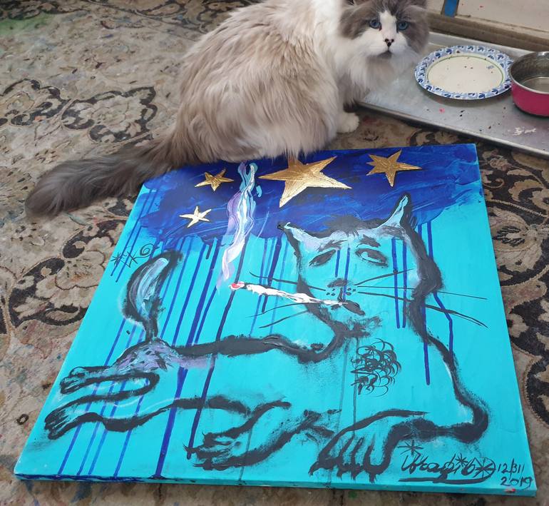 Original Expressionism Cats Painting by Kenneth Abraham