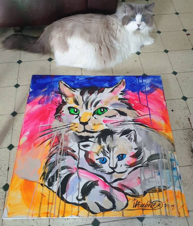 Original Expressionism Cats Painting by Kenneth Abraham