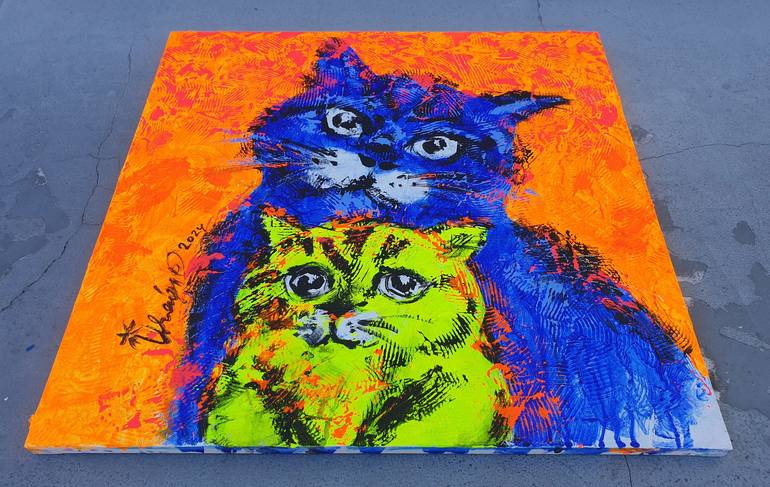 Original Expressionism Cats Painting by Kenneth Abraham