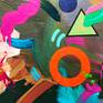 High res image to follow.
Contemporary abstract painting consisting of a flat dark turquoise background layered with various gestural brush marks and other forms of paint application juxtaposed with flat hard edged, geometric motifs.